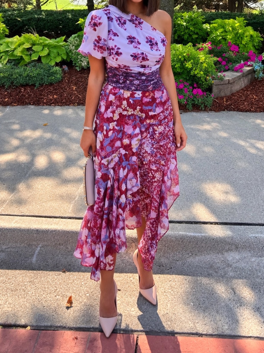 AMUR 100% Silk Floral One Shoulder Asymmetrical Midi Purple Floral Dress Size 0